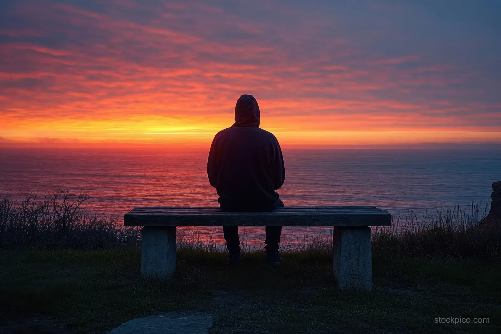 Hooded silhouette sits alone on a seaside bench as colorful sunset clouds glow over calm ocean water.