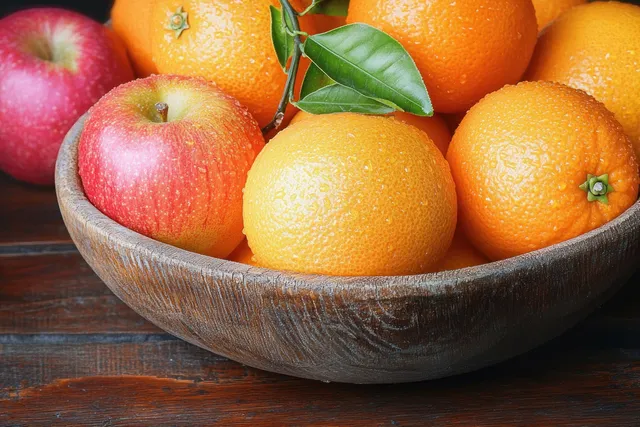 Fruit bowl with apples and oranges on rustic wood table, leafy citrus details
