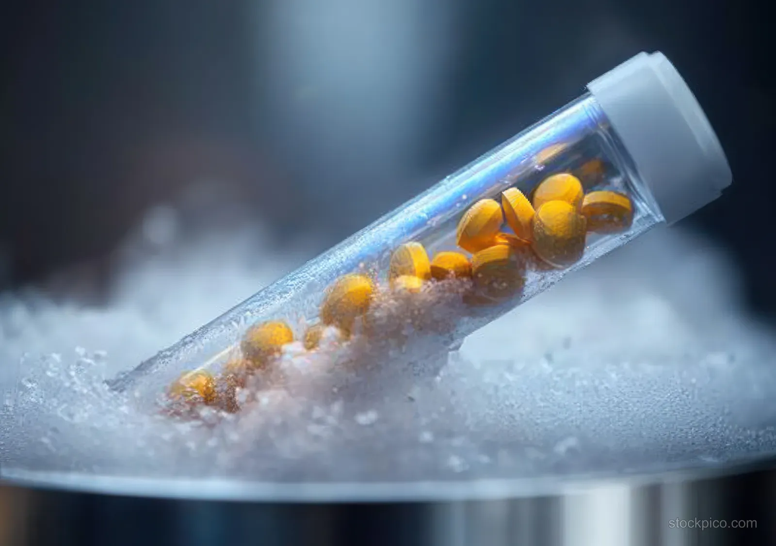 A transparent vial of orange pills is partially submerged in icy frost inside a metallic beaker.