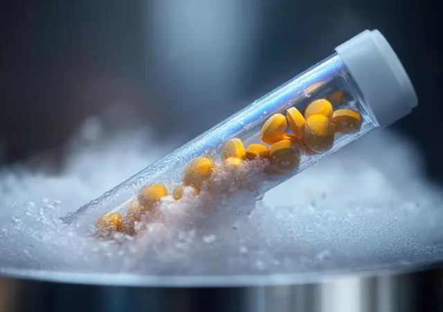 A transparent vial of orange pills is partially submerged in icy frost inside a metallic beaker.