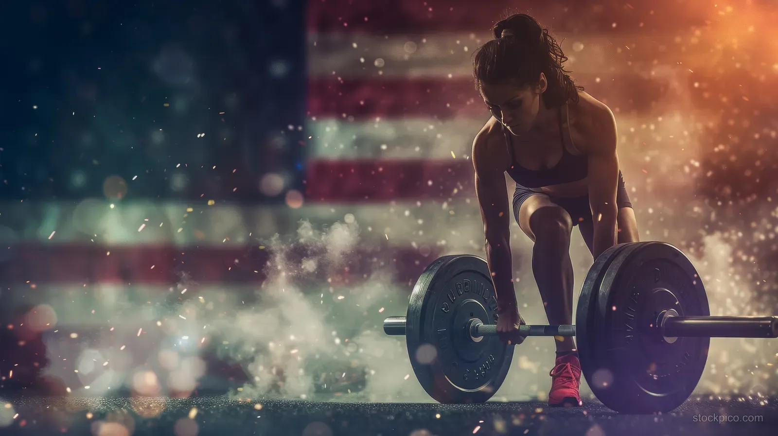 A female weightlifter raises a heavy barbell in a competition arena with American flag lights and dust sparks.
