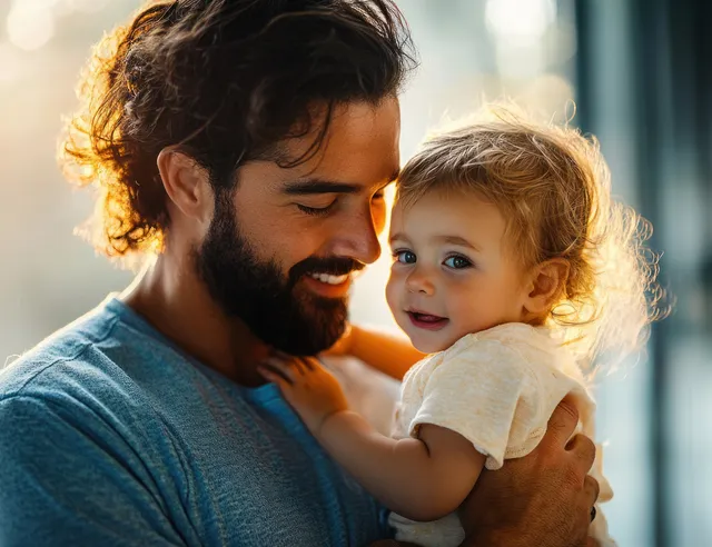 Father holding a smiling toddler in a warm indoor embrace with sunlight in the background.