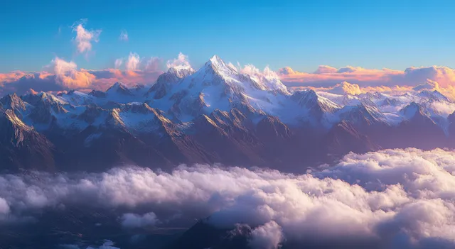 Snow-capped peaks above a cloud sea, lit by soft sunrise with pink cloud edges