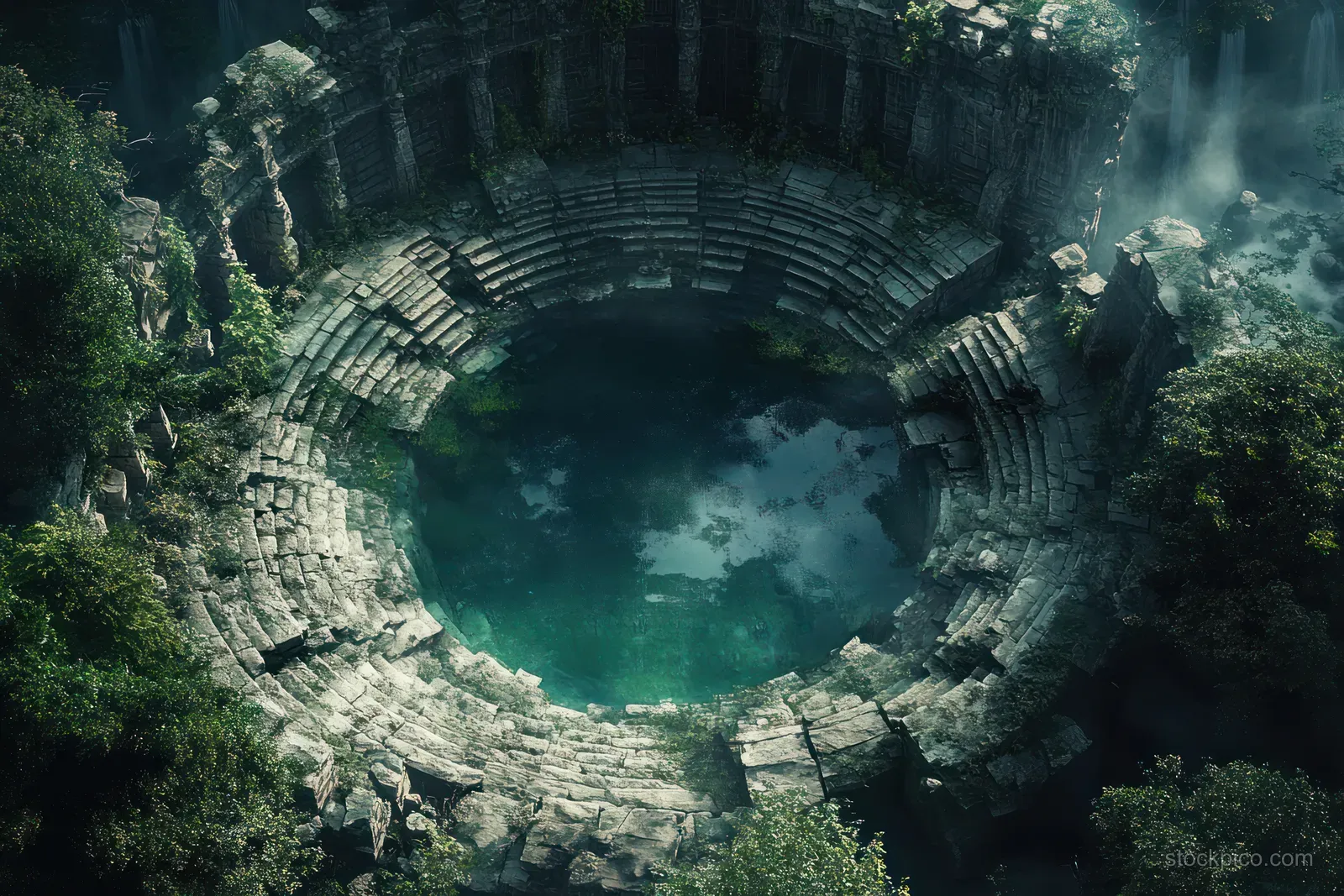 Aerial view shows a circular sunken ruin with an emerald pool, stone steps, and dense jungle mist.