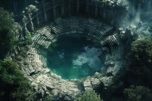 Aerial view shows a circular sunken ruin with an emerald pool, stone steps, and dense jungle mist.
