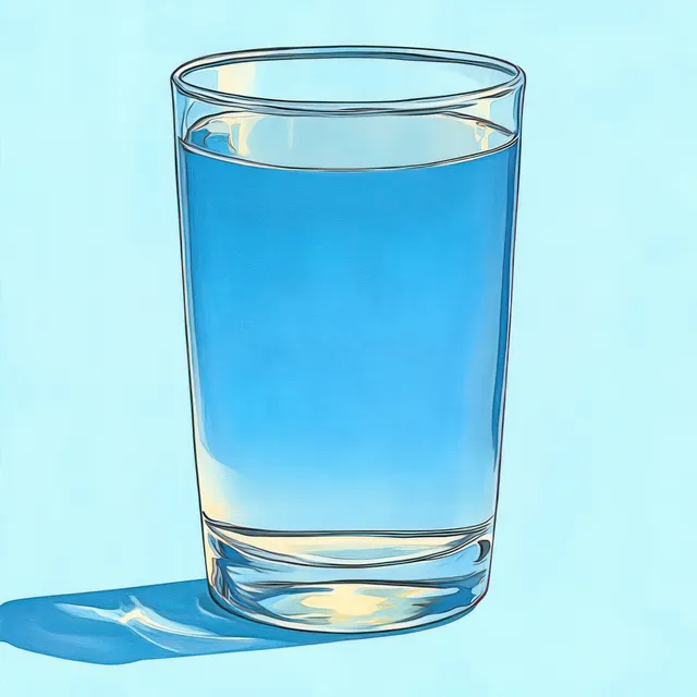 A transparent glass filled with clear still water on a light blue background with a soft shadow.