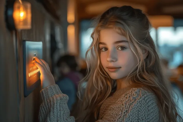 Young woman adjusts a smart thermostat control panel in a warm, softly lit living room.
