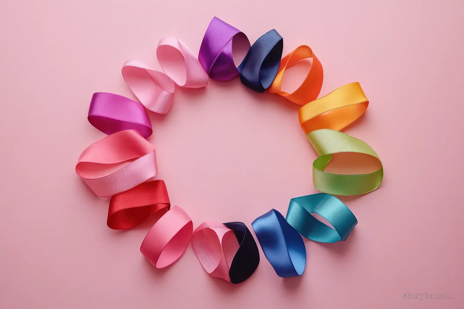 Multicolored awareness ribbons form a circle wreath on a pink background.
