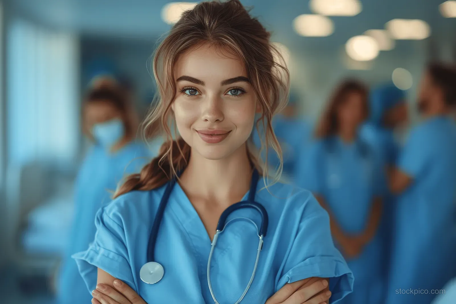 A confident nurse in blue scrubs stands in a hospital corridor with a stethoscope while staff blur in the background.
