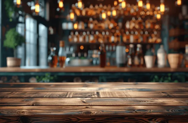 Rustic wooden bar counter in warm low light with softly blurred bottles on shelves behind it.