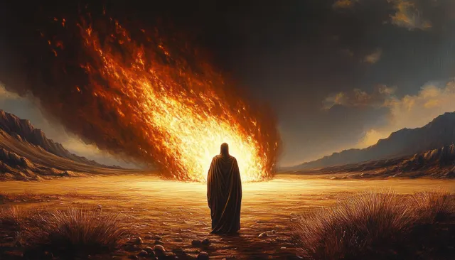 Moses stands in a desert at dusk facing a burning bush that flames upward behind him.