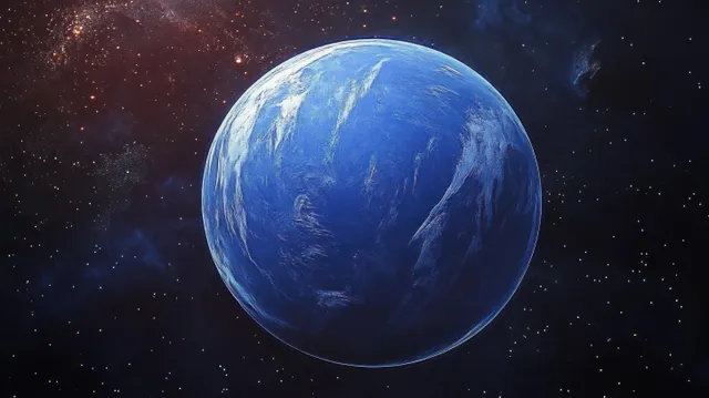 Blue planet floats in deep space, surrounded by neon-like stars and glowing cosmic haze.