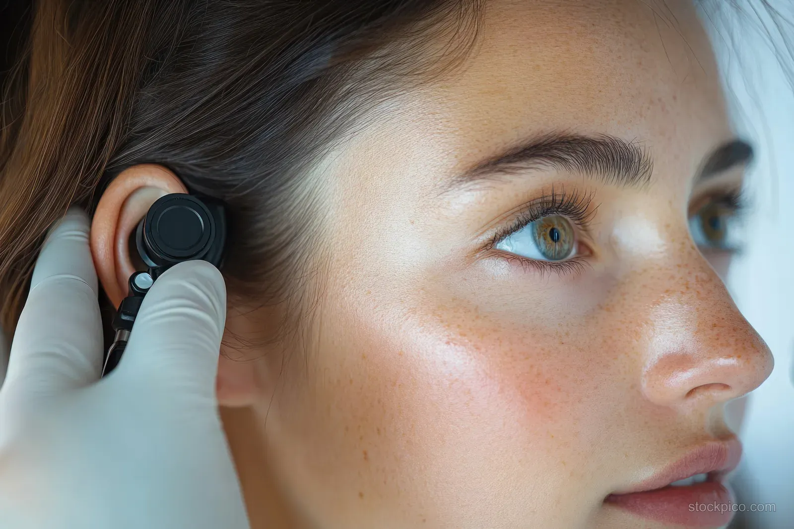 A young woman with blue eyes has her ear examined as a gloved hand holds an otoscope near her face.