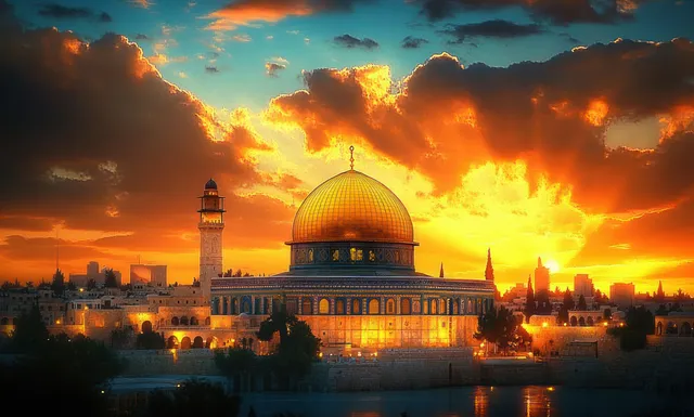 Golden dome and illuminated historic stone buildings glow at sunset with orange clouds and reflections on water.