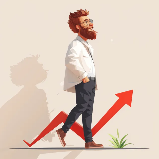 3D cartoon businessman striding forward with red arrow rising behind him