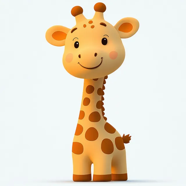 Cute smiling animated giraffe with big eyes and rounded spots standing on white