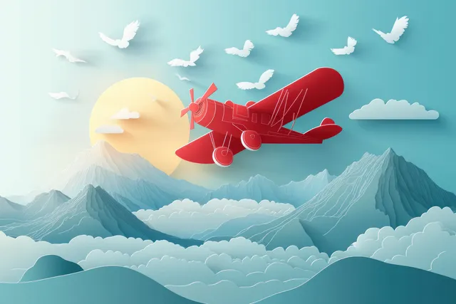 A red biplane flies above fluffy paper clouds over teal mountains with a glowing sun in the background.