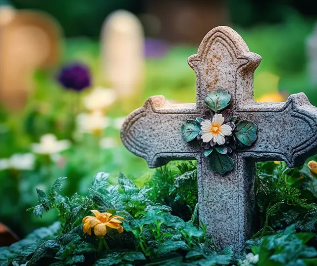 Memorial cross at a cemetery grave surrounded by fresh flowers and green foliage