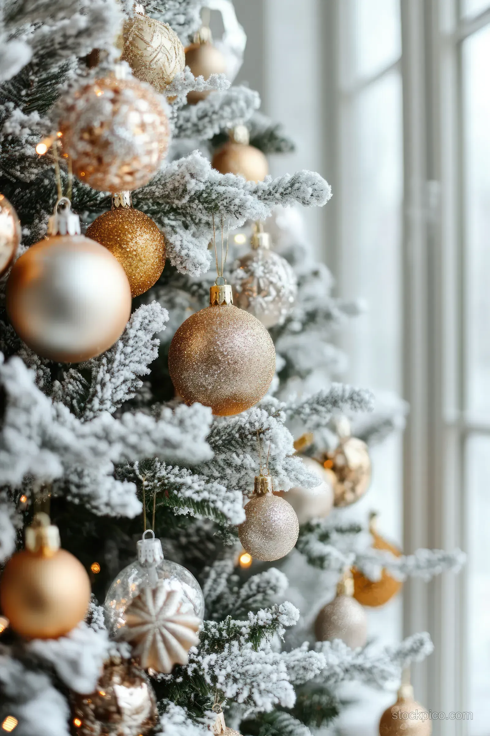 Frosted Christmas tree branches with gold and silver baubles beside a softly lit window.