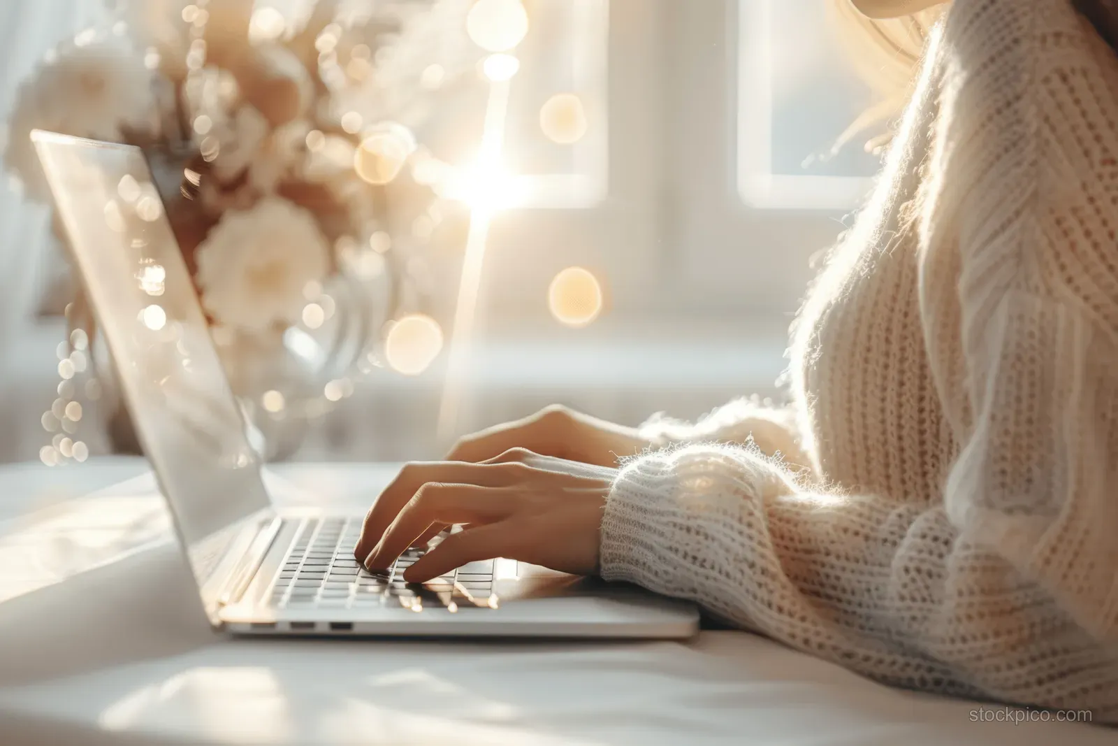 Woman typing on a laptop at a desk in a sunlit home office.