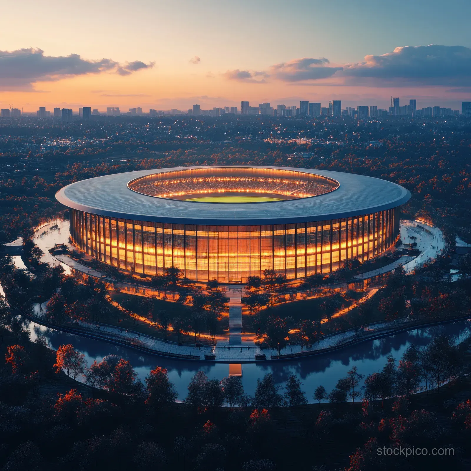 An aerial view of a circular stadium glowing at dusk with nearby trees and a distant city skyline.