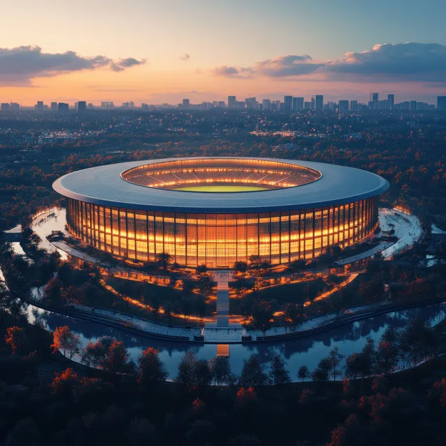 An aerial view of a circular stadium glowing at dusk with nearby trees and a distant city skyline.