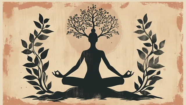 Centered yoga silhouette in Tree Pose sits in meditation within a vintage leafy branch frame on a textured beige background.