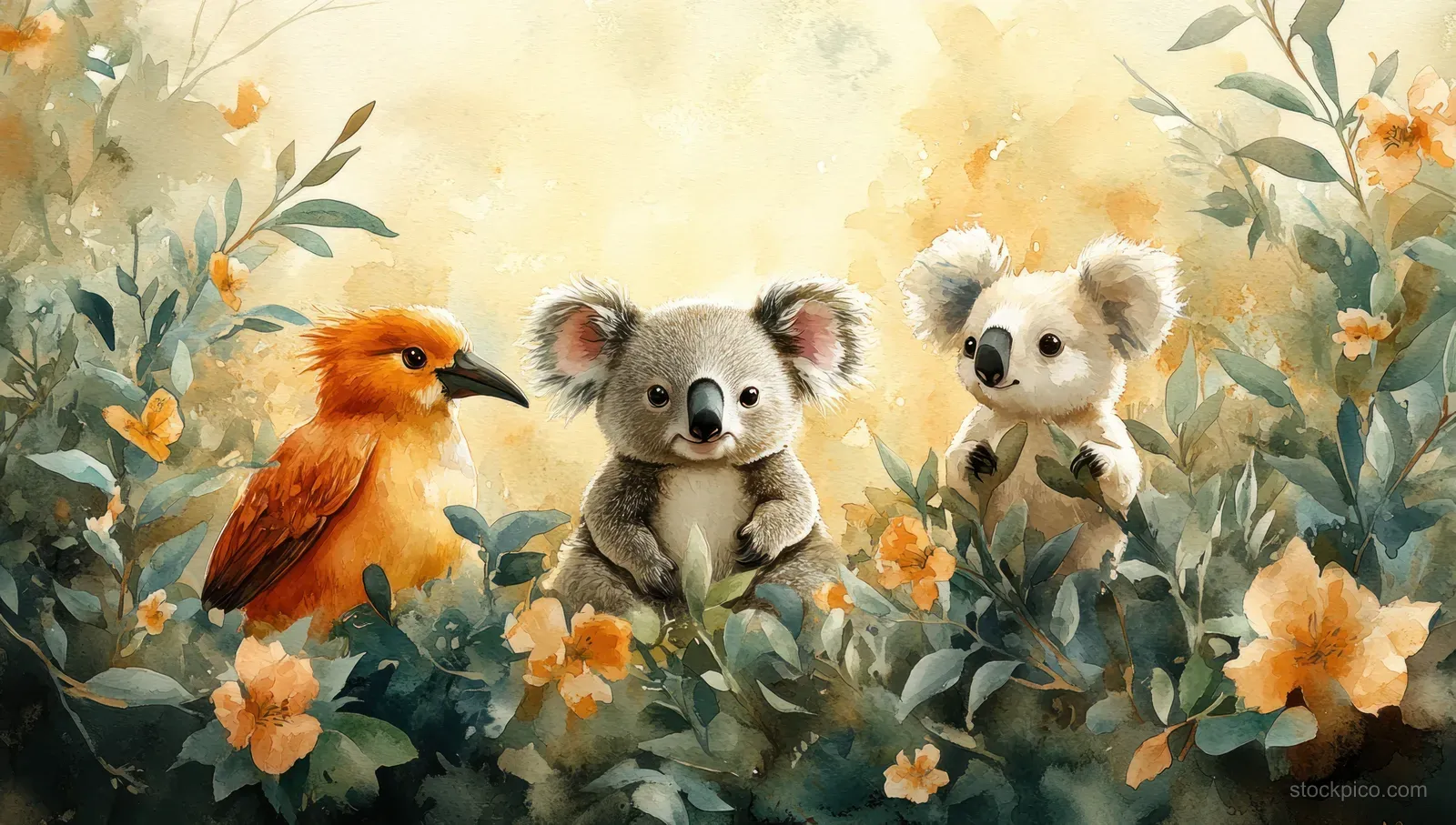 Koala and kangaroo watercolor characters peek from green leaves and orange flowers under warm sunlight.