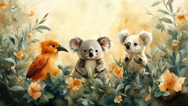 Whimsical watercolor trio of koala, koala-like marsupial, and kangaroo among Australian flowers