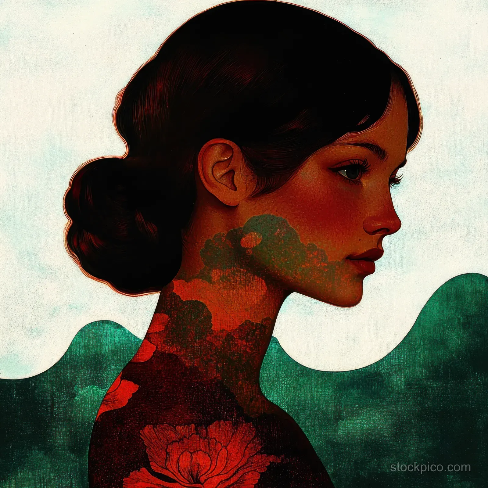 Side profile portrait of a woman with a dark bun, red floral patterns on neck and shoulder, and wavy green background.