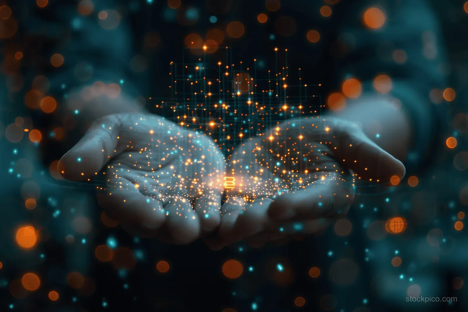 Two hands meet in front of blurred city lights while glowing data particles form connected network patterns.