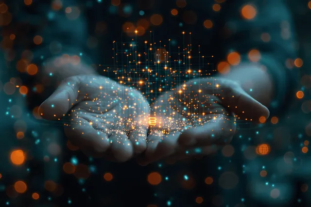 Two hands meet in front of blurred city lights while glowing data particles form connected network patterns.