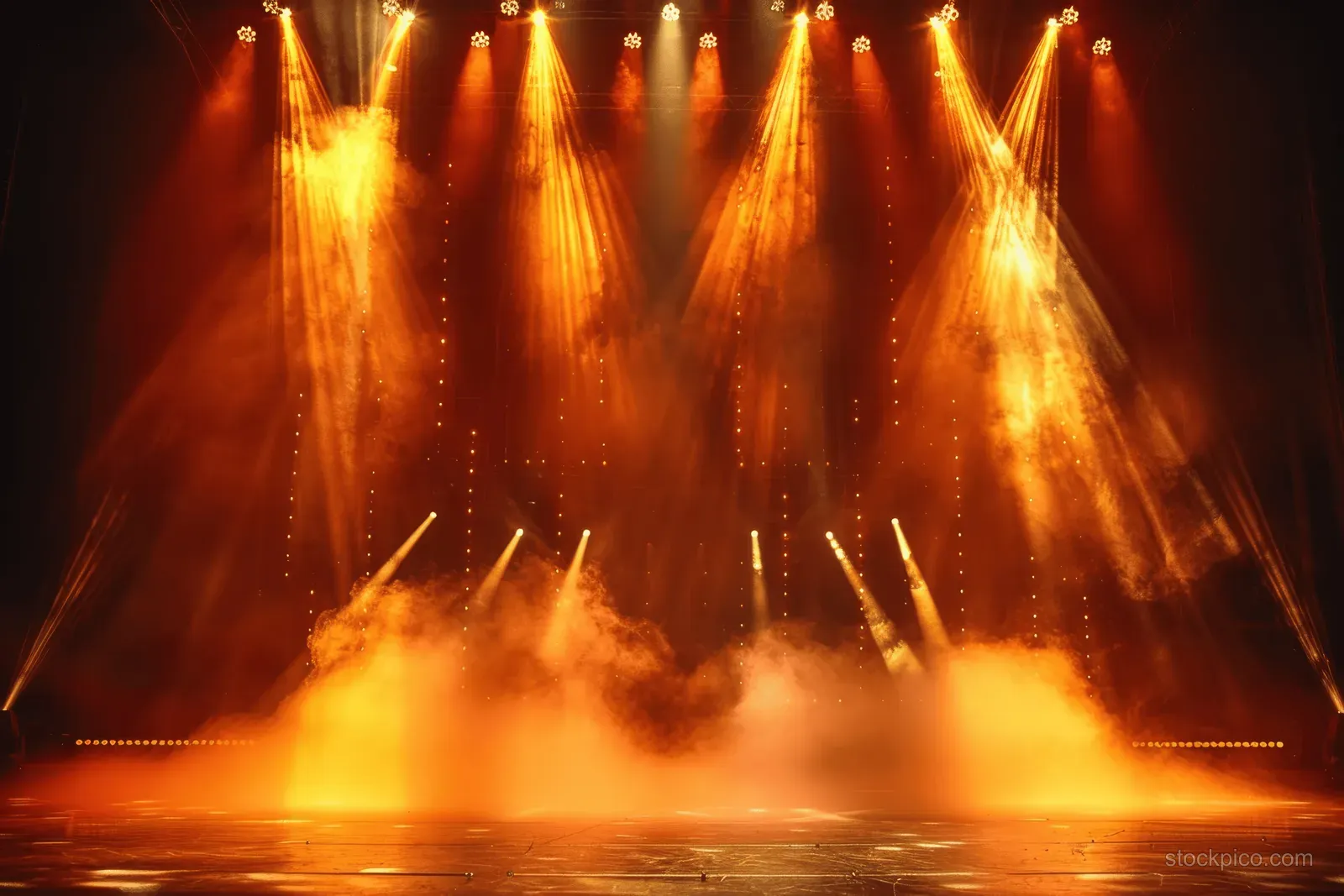 Golden spotlights shine through stage smoke onto a dark empty theater floor with glowing light beams.