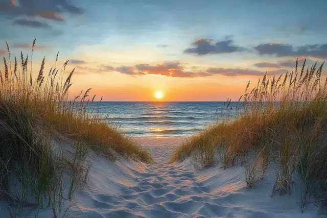 Golden sunset over calm sea viewed through sandy dunes and tall beach grass