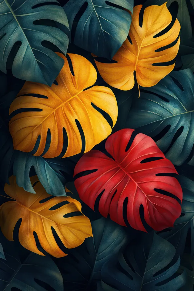 Layered tropical monstera leaves in dark teal with bright yellow and red accents filling the frame.