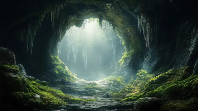 Mossy cave walls frame a bright misty opening while dark giant shadows loom across the rocks.