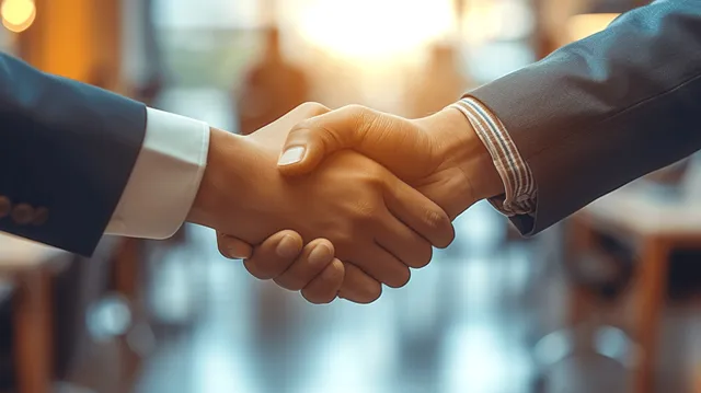 Two business people shake hands while a digital network pattern glows over a modern office background.