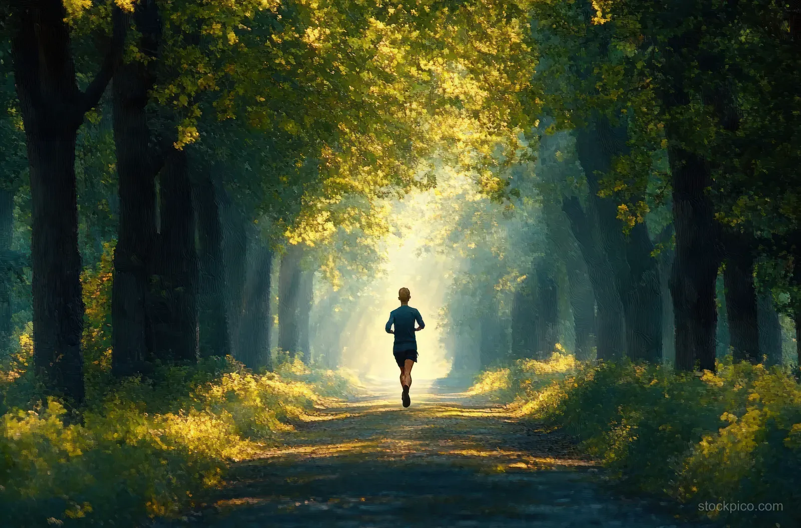 A runner jogs along a sunlit forest trail with rays of light through trees and leafy shadows.