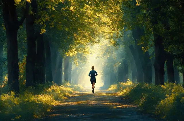 A runner jogs along a sunlit forest trail with rays of light through trees and leafy shadows.