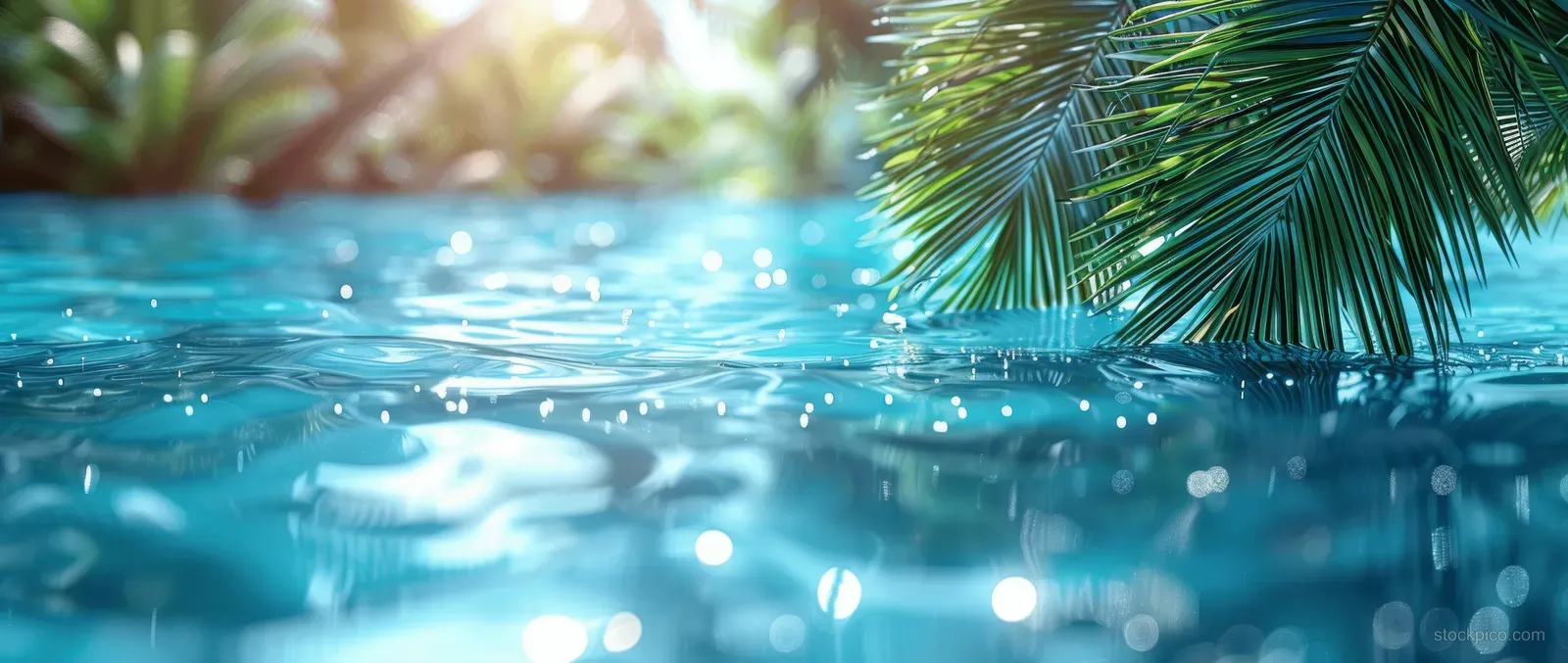 Palm leaves blur in the foreground while soft shadows fall across turquoise water ripples in sunlight.