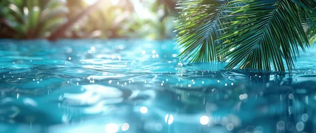 Palm leaves casting soft shadows over turquoise water ripples in bright summer light