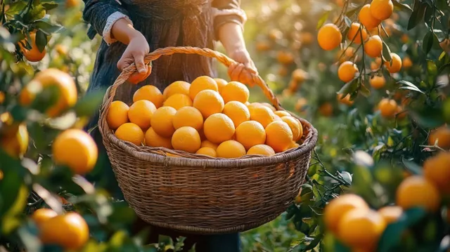 A person holds a wicker basket brimming with ripe oranges in a sunlit orange orchard.