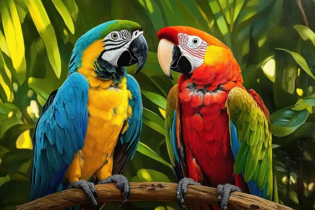 Two colorful parrots sit on a branch surrounded by lush green tropical leaves.