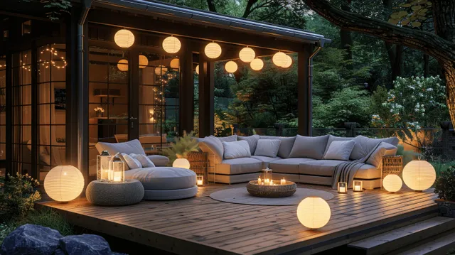 Luxurious summer night patio with outdoor sofas and glowing lanterns under string lights