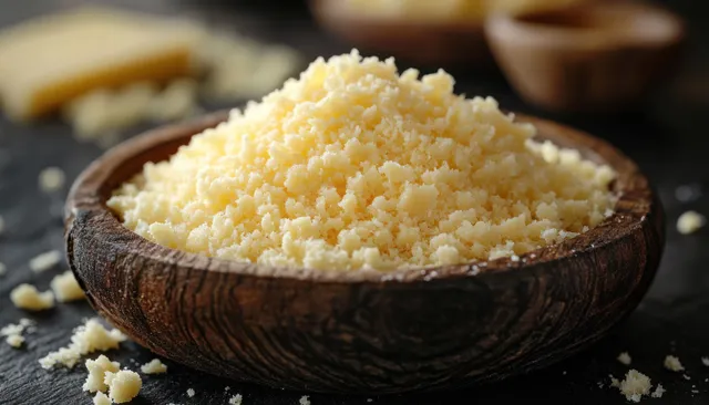 Grated Parmesan cheese piled in a dark wooden bowl with small crumbs on a dark slate surface.