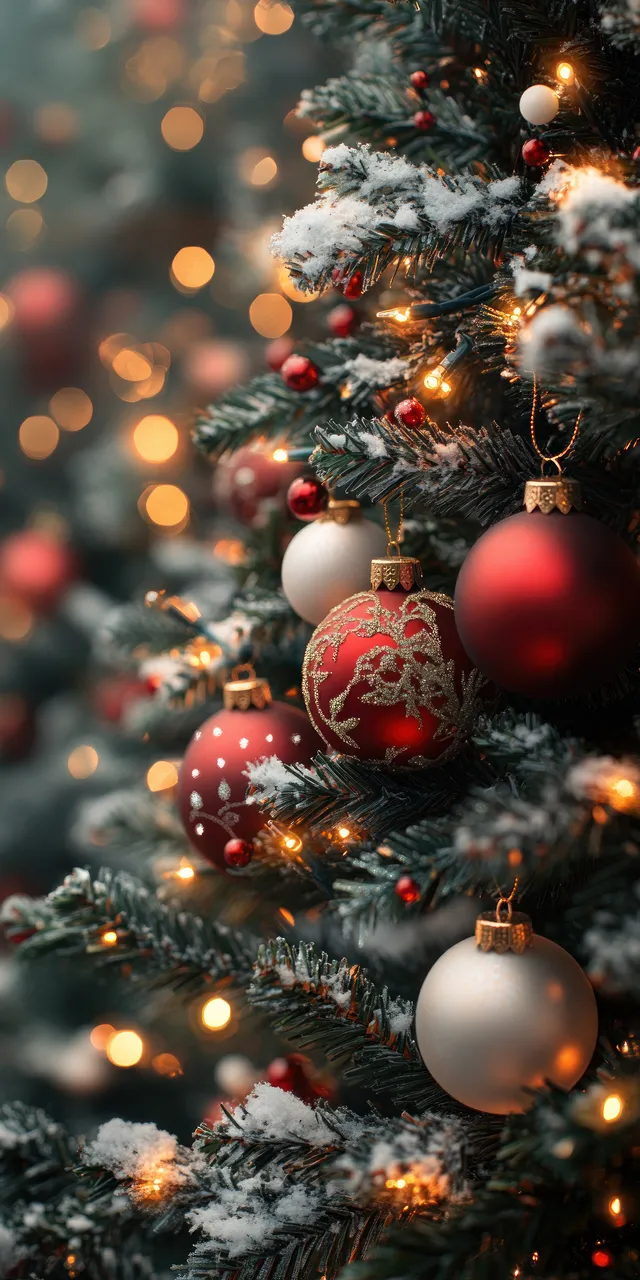 Close-up Christmas tree branches with glowing ornaments, twinkling lights, and fresh snow bokeh