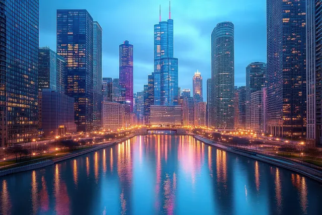 Chicago downtown skyline at blue hour seen across a river with illuminated buildings and reflections.