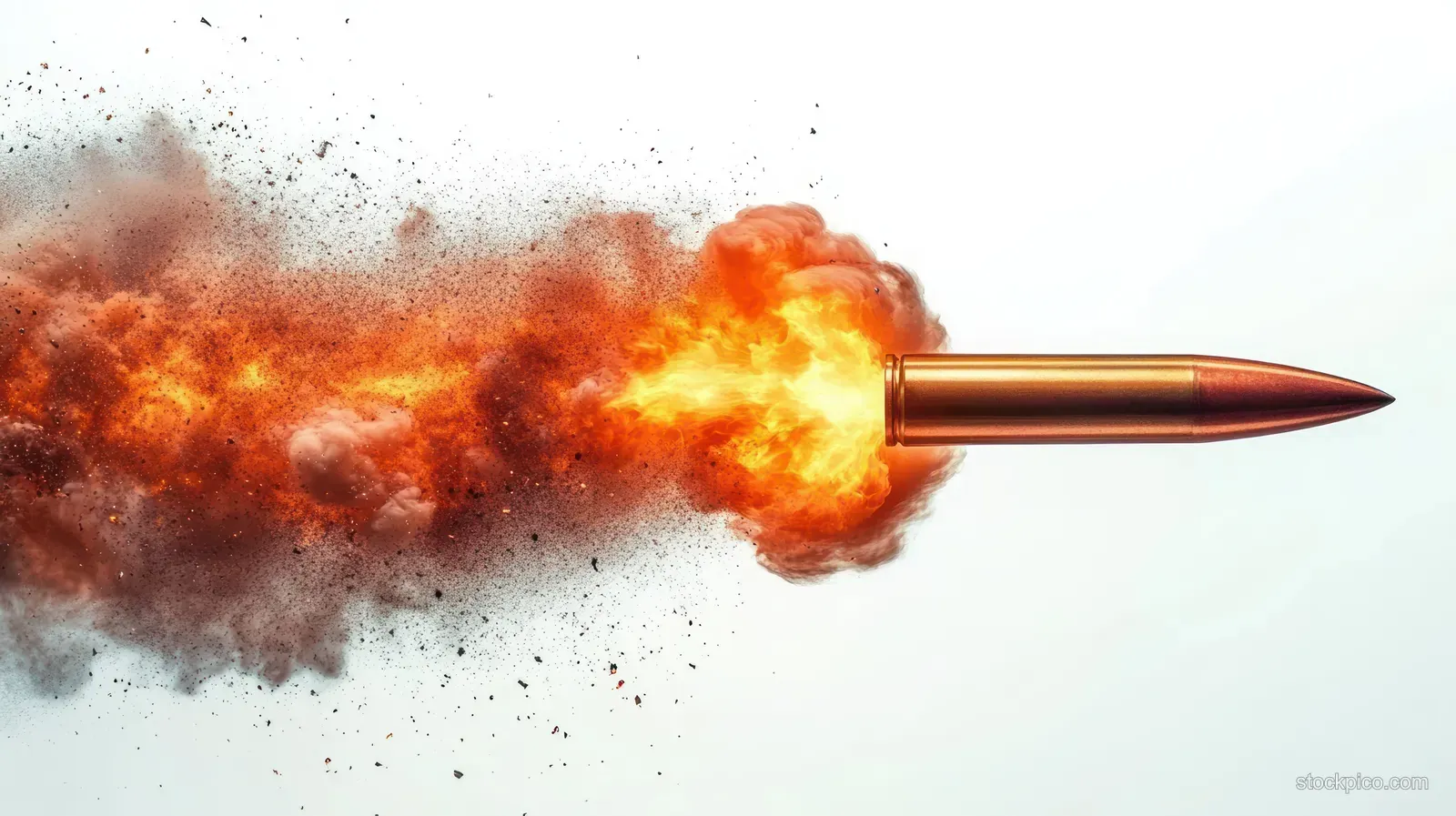A bullet shoots from a barrel with a fiery explosion and smoke cloud on a white background.