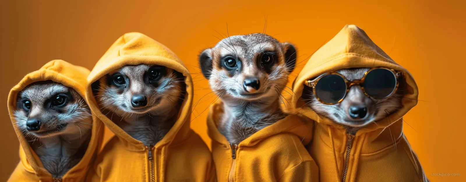 Meerkats in yellow hoodies and sunglasses pose in a stylized portrait banner on a bright orange background.