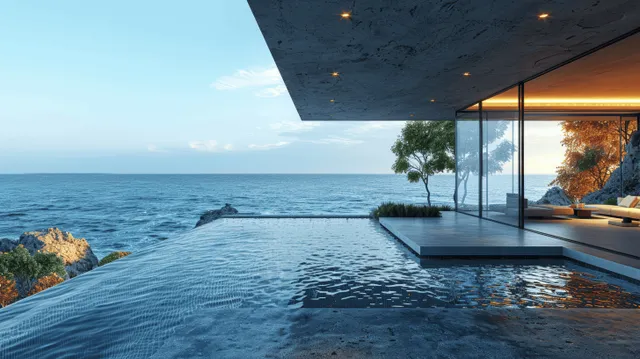 Infinity pool beside a concrete terrace with glass interior panels and an ocean horizon at dusk.